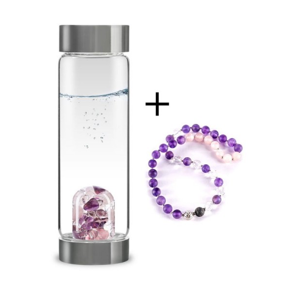 steklenička in zapestnica s kristali s kristali ametis, roževec in kamena strela