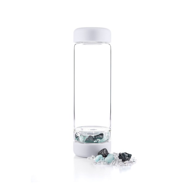 steklenička kristal akvamarin, šungit, kamena strela
