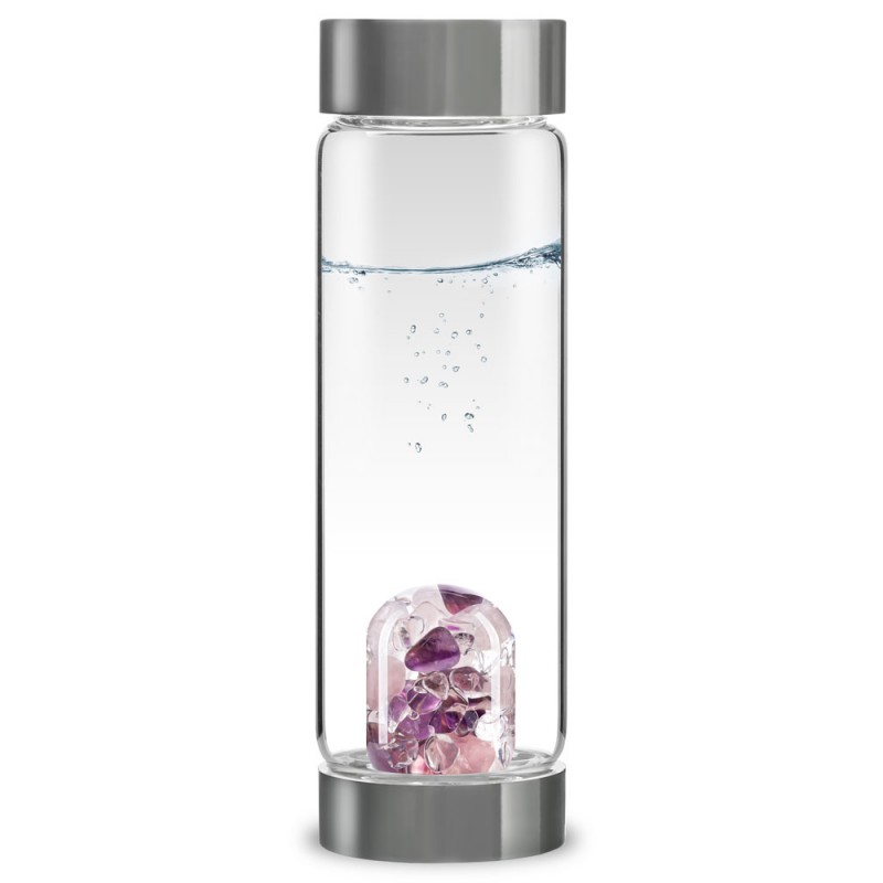 steklenička za vodo s kristali ametis, roževec in kamena strela